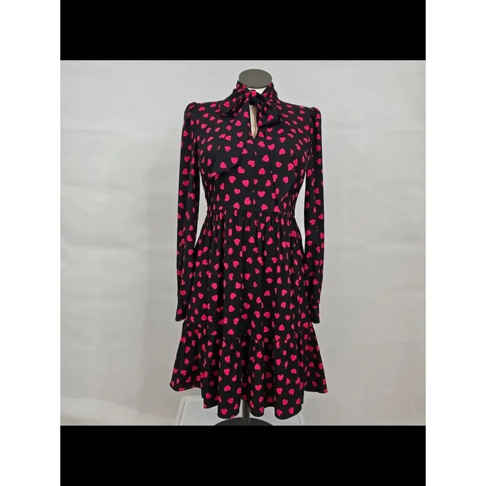 Kate Spade New York Black Pink Heart Print Tie Neck Dress Size 8